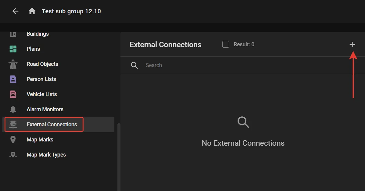 External Connections section on a user group's screen, with the plus button highlighted to assign a connection