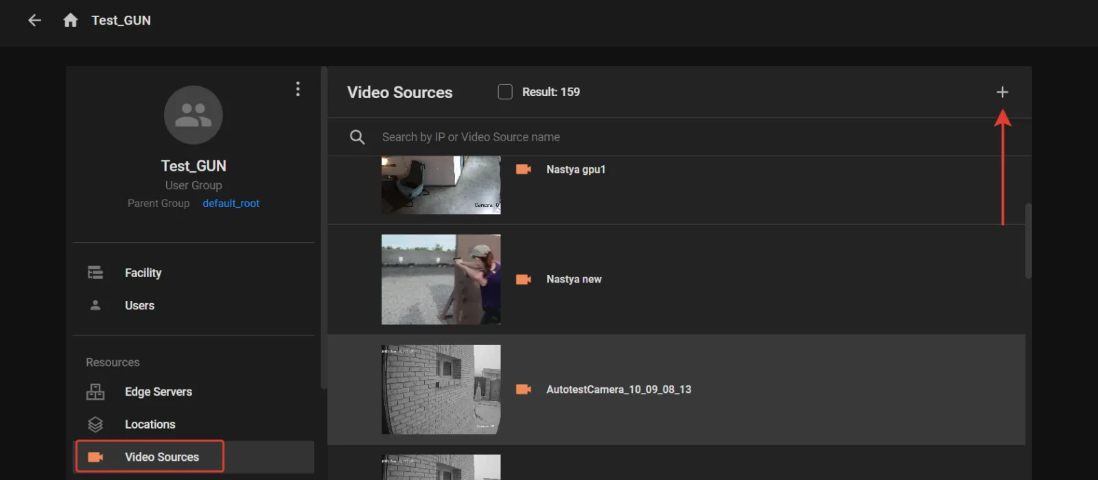 User group Video Sources list with the plus button in the top-right corner to add cameras not yet assigned to the group