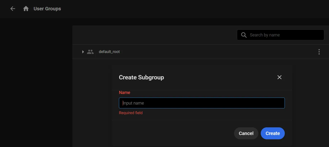 Create Subgroup dialog with a required Name field and Cancel and Create buttons