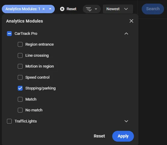 Analytics Modules panel with CarTrack Pro event types listed and Stopping/parking checked