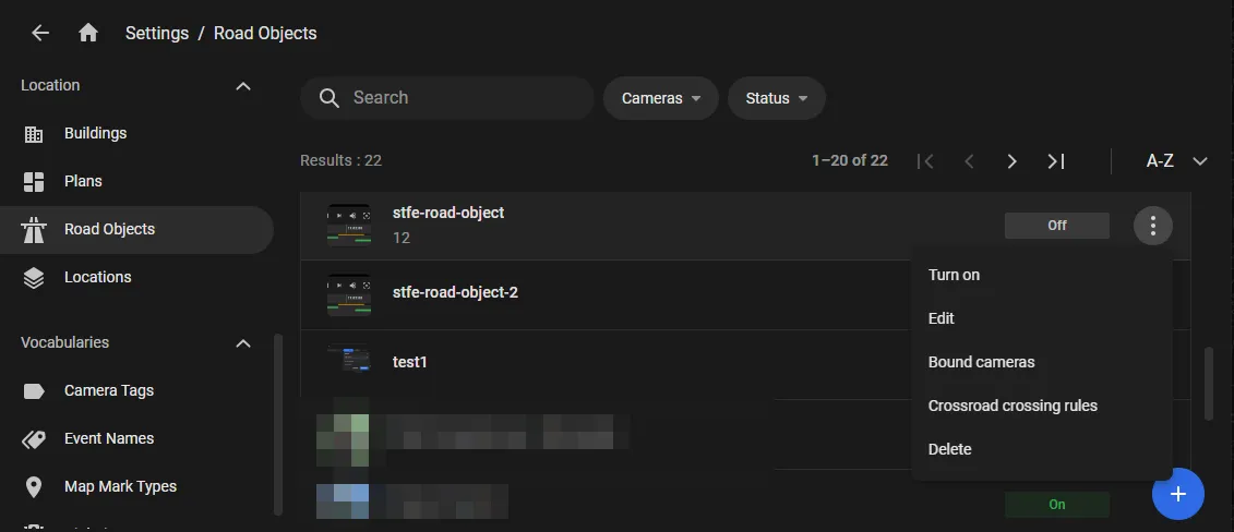 Road Objects settings page listing existing road objects with the three-dot menu open showing Edit, Bound cameras, and Crossroad crossing rules