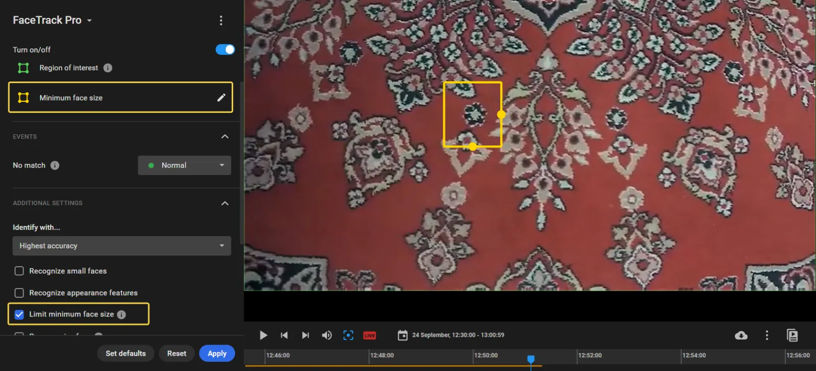 FaceTrack Pro settings panel with Limit minimum face size enabled and a yellow sizing rectangle shown over the camera frame