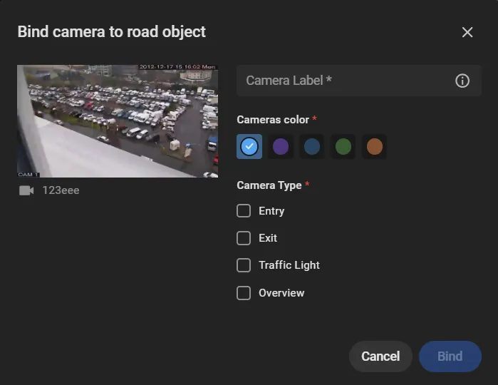 Bind camera to road object dialog with Camera Type options Entry, Exit, Traffic Light, and Overview