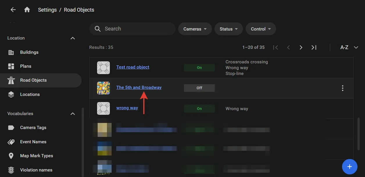 Road Objects settings page listing road objects with an arrow pointing to an entry