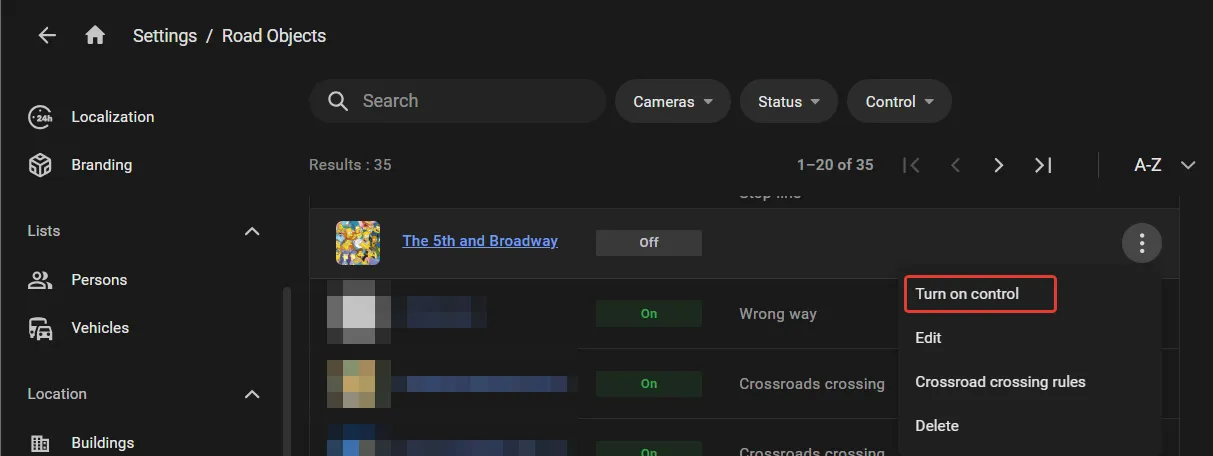 Road Objects list with the three-dot menu open showing the Turn on control option