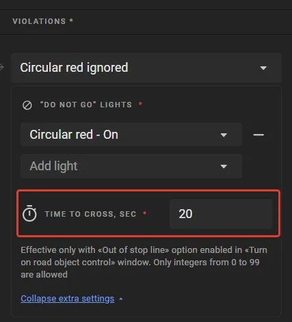 Circular red ignored rule with the Time to cross, sec field set to 20