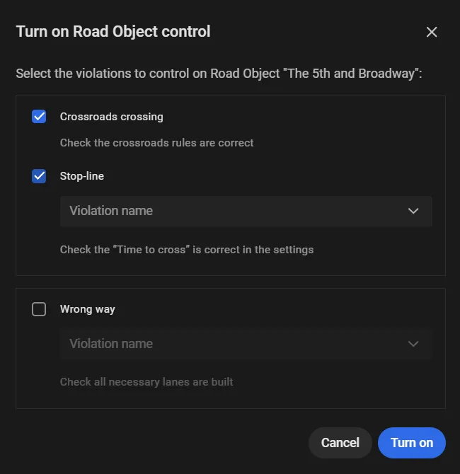 Turn on Road Object control dialog with Crossroads crossing and Stop-line checked