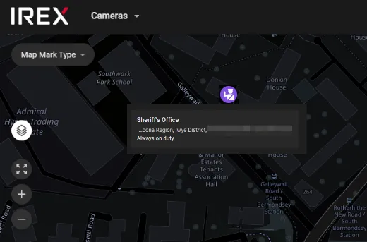 Map with the Map Mark Type control open and a mark pop-up showing the Sheriff's Office name, location, and Always on duty description