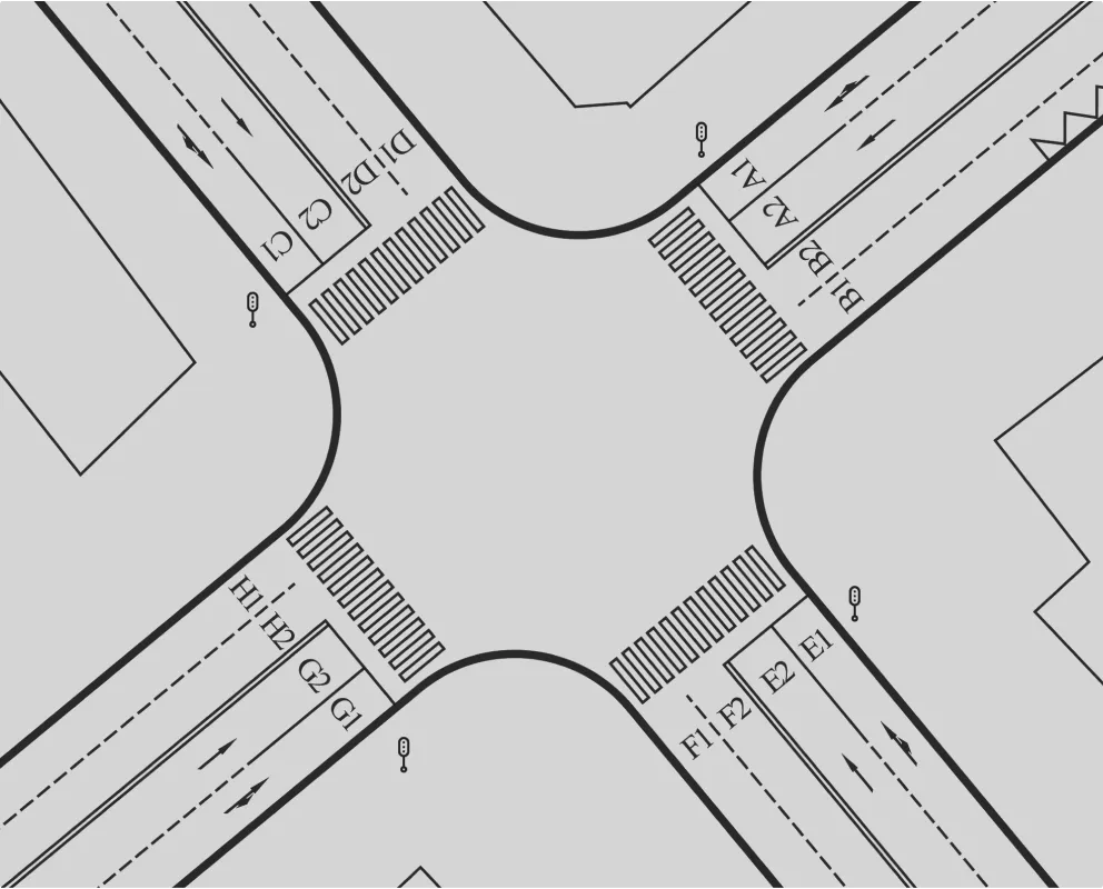 Example crossroads scheme diagram showing lane labels, crosswalks, and traffic light positions at a four-way intersection