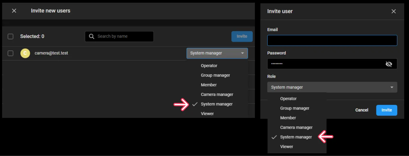 Invite new users list and Invite user form, both with the System manager role selected in the role drop-down