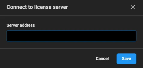 Connect to license server dialog with a Server address field and Save button