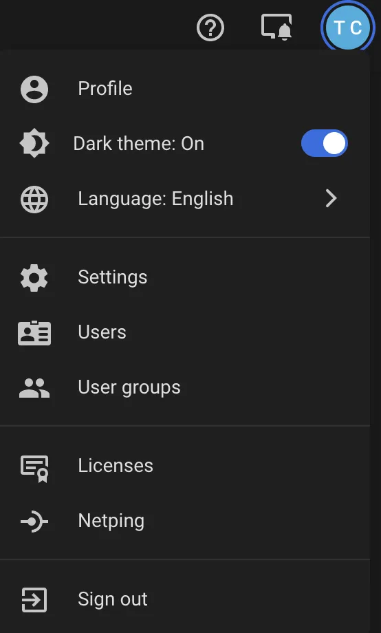 User menu open showing Profile, Dark theme, Language, Settings, Users, User groups, Licenses, Netping, and Sign out options