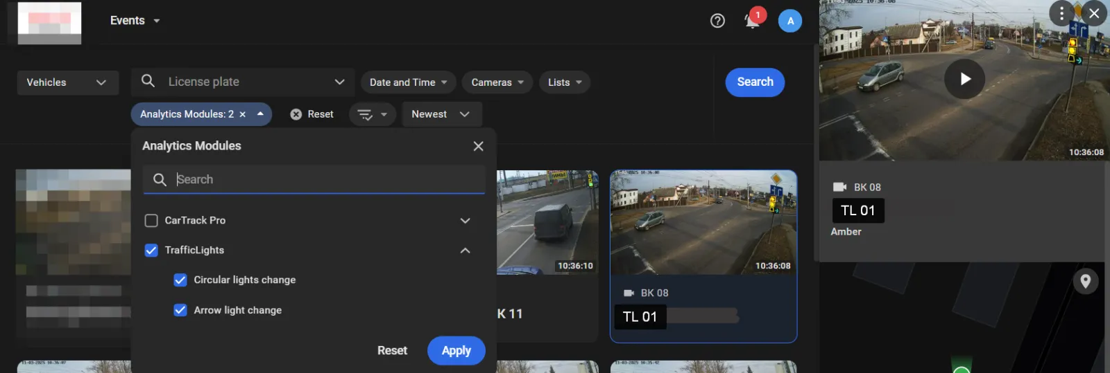 Events page with the Analytics Modules filter showing TrafficLights, Circular lights change, and Arrow light change checked, and an event card for camera BK 08 showing signal TL 01 Amber