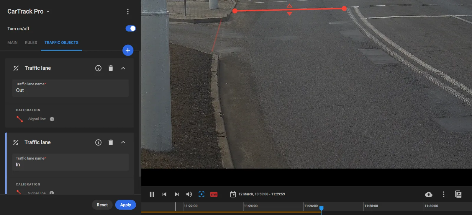 CarTrack Pro Traffic Objects tab with a red entry lane line drawn across the road near the crosswalk, and Out and In traffic lanes listed on the left