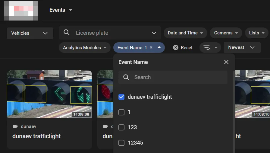 Event Name filter list with the dunaev trafficlight name checked, showing matching traffic light event thumbnails