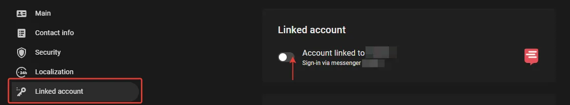 Profile Linked account section with the toggle to link the account to a messenger
