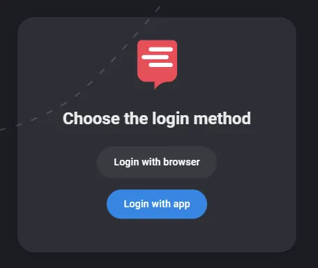 Choose the login method dialog with Login with browser and Login with app options