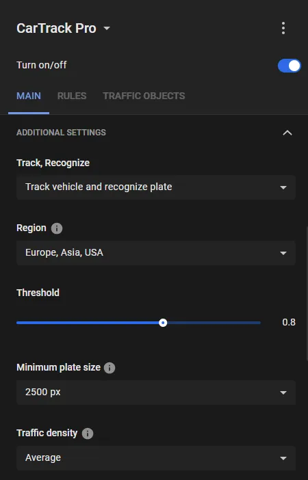 Additional settings with Track, Recognize set to Track vehicle and recognize plate, Region set to Europe, Asia, USA, Threshold at 0.8, Minimum plate size at 2500 px, and Traffic density set to Average
