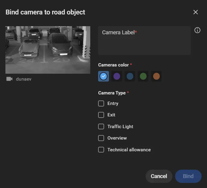 Bind camera to road object dialog with Camera Type options including Entry, Exit, Traffic Light, and Overview