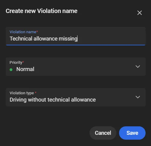 Create new Violation name dialog with the name Technical allowance missing and violation type Driving without technical allowance