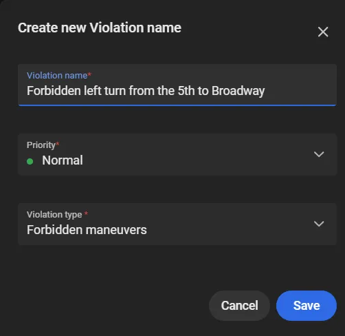 Create new Violation name dialog with the name Forbidden left turn from the 5th to Broadway and violation type Forbidden maneuvers
