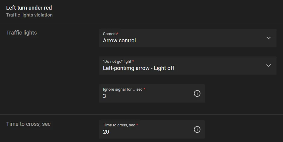 Left turn under red rule with Ignore signal for ... sec set to 3 and Time to cross, sec set to 20