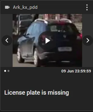 Event card showing a thumbnail snapshot of a vehicle with a License plate is missing tag