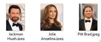 Three photo files named Jackman Hugh.jpeg, Jolie Angelina.jpeg, and Pitt Brad.jpeg