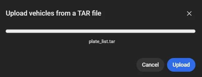 Upload vehicles from a TAR file dialog showing progress for plate_list.tar with Cancel and Upload buttons
