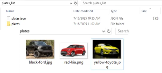 Diagram of a TAR archive structure with a plates.json file and a plates subfolder containing vehicle images such as black-ford.jpg, red-kia.png, and yellow-toyota.jpg