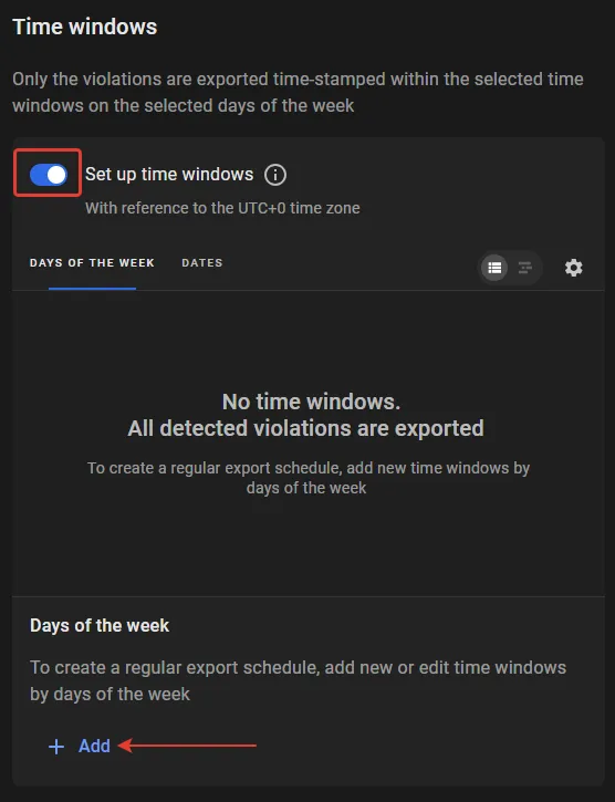 Time windows panel with the Set up time windows toggler switched on and the Days of the week tab selected, showing no time windows configured yet