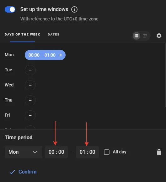 Days of the week list view with a Monday time window of 00:00 to 01:00, and the Time period fields for editing it