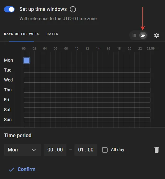 Days of the week chart view showing the same Monday time window as a bar on the weekly timeline