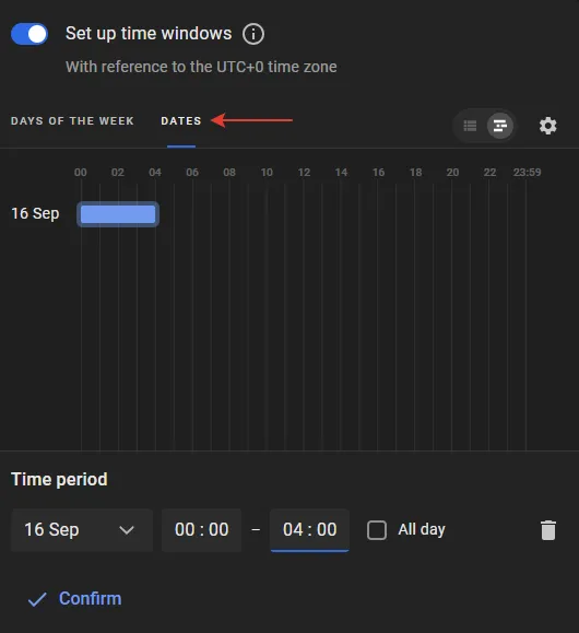 Dates tab showing a time window added for 16 September from 00:00 to 04:00