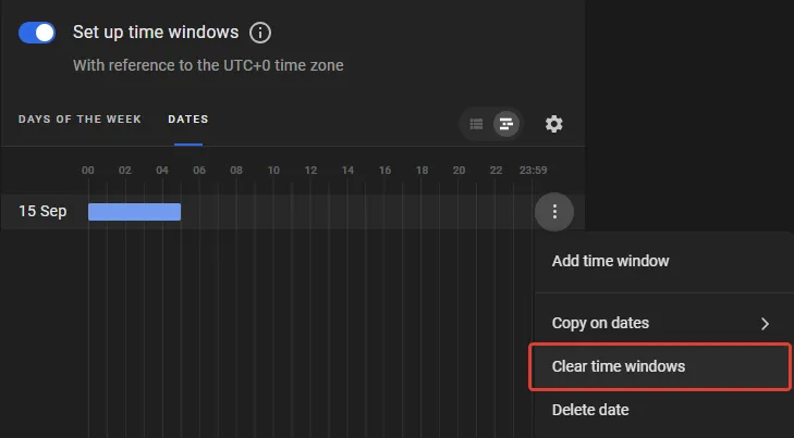 Dates tab three-dot menu with the Clear time windows option highlighted for 15 September