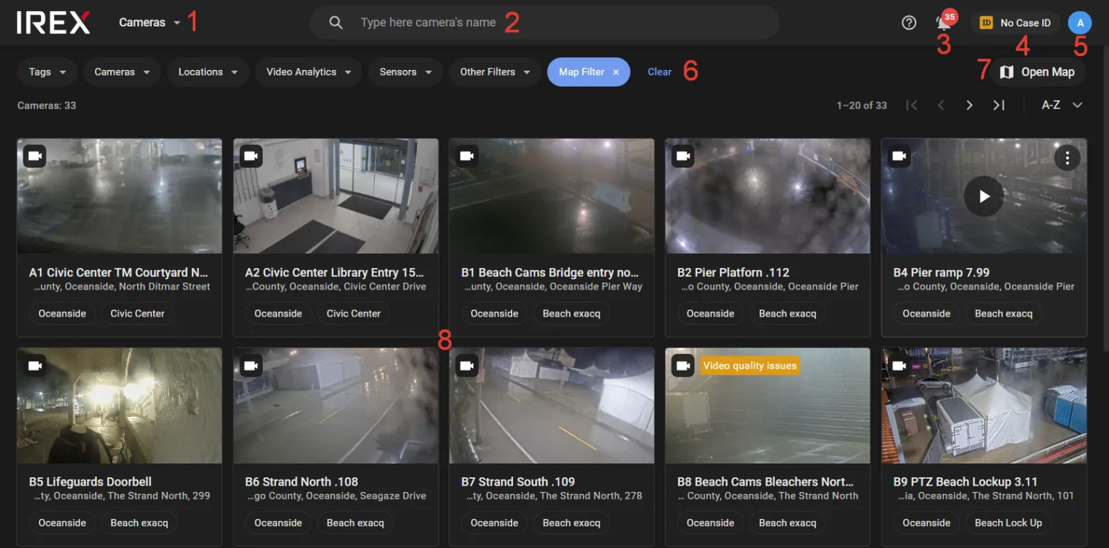 IREX front page in card view, showing the numbered main menu, search tool, alarm indicator, Case ID indicator, user menu, filter toolbar, map switch, and camera cards