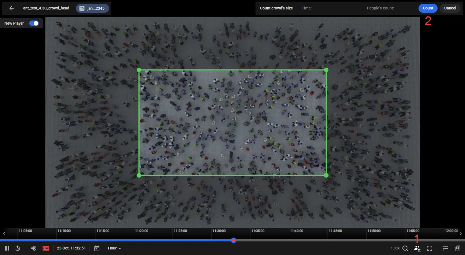 Overhead crowd video with a green ROI rectangle drawn over part of the crowd and a Count button to calculate the people's count