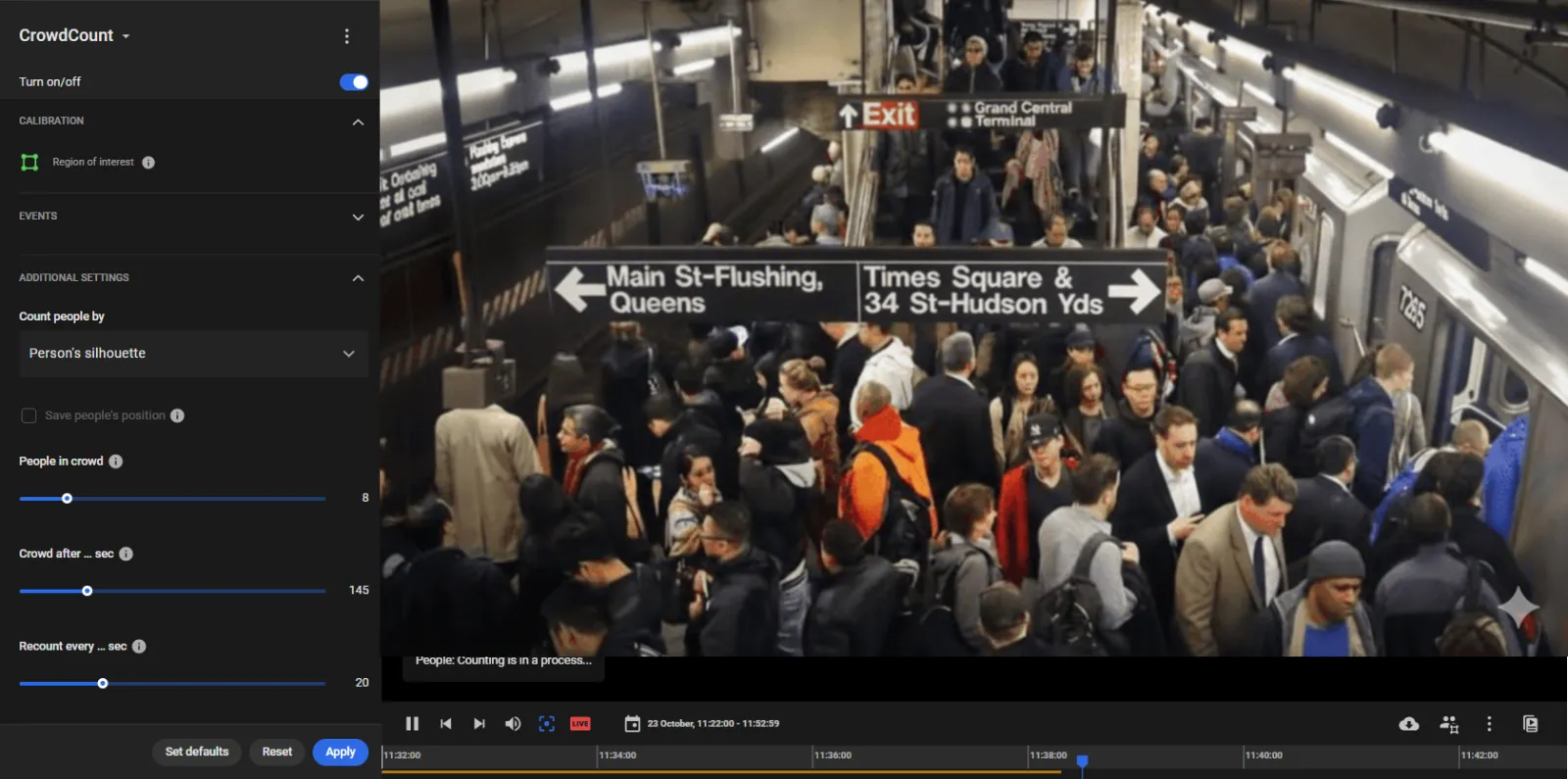 CrowdCount settings with Region of interest calibration and Additional Settings over a crowded subway platform camera view, Count people by set to Person's silhouette