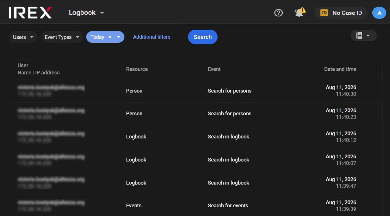 Logbook page in the main menu