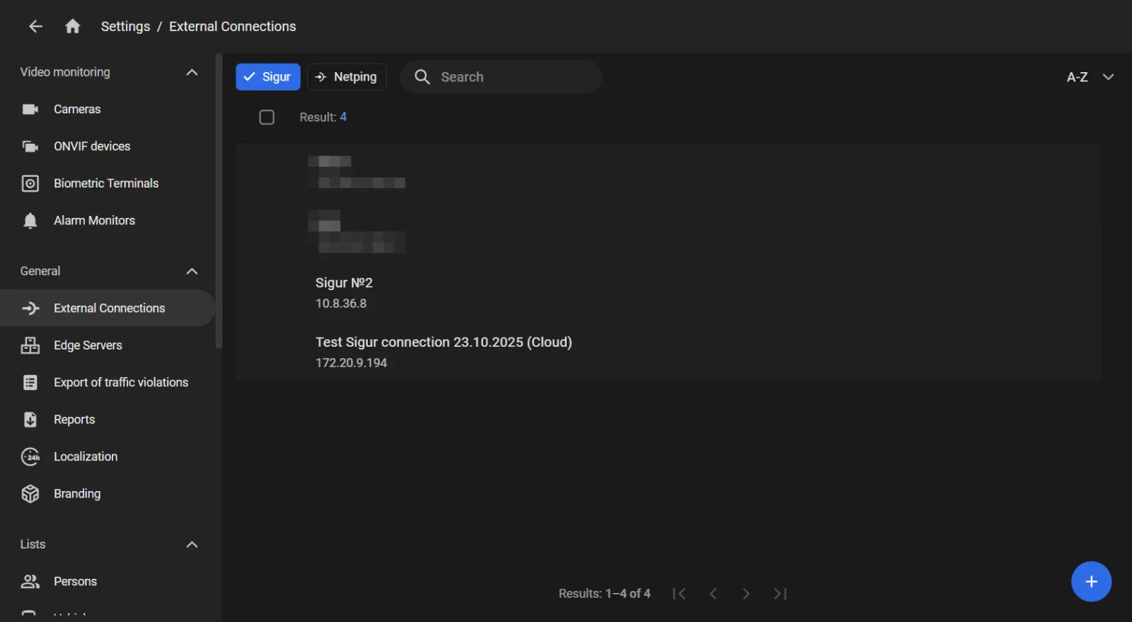 External Connections settings screen listing Sigur connections including Sigur №2 and a test cloud connection