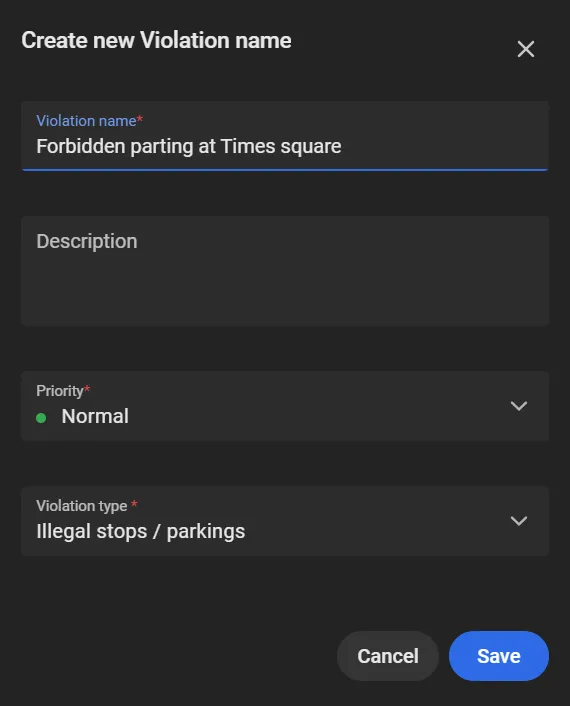 Create new Violation name window with the name set to Forbidden parting at Times square and violation type set to Illegal stops / parkings