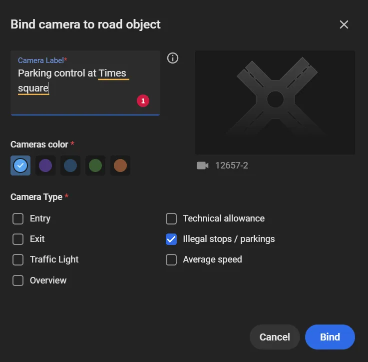 Bind camera to road object window with the camera label set, a color chosen, and Illegal stops / parkings checked under Camera Type