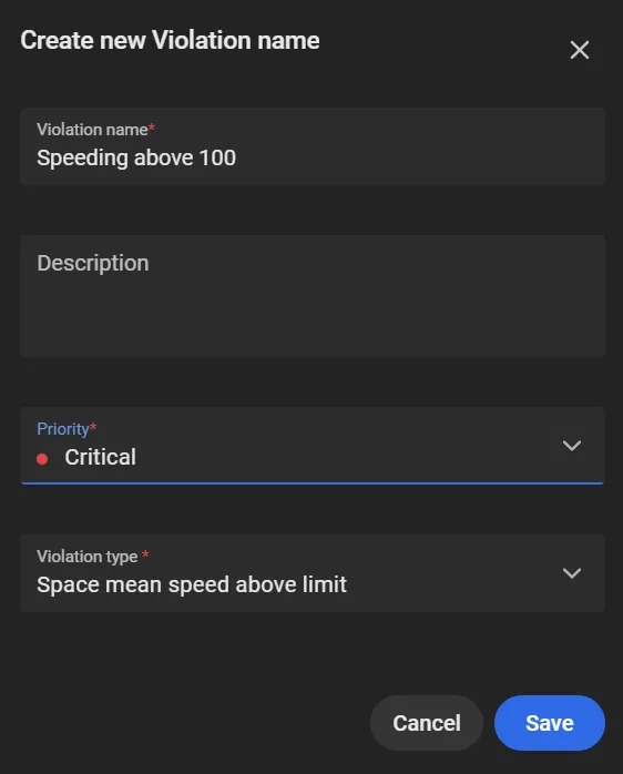 Create new Violation name dialog with Violation name set to Speeding above 100, Priority set to Critical, and Violation type set to Space mean speed above limit