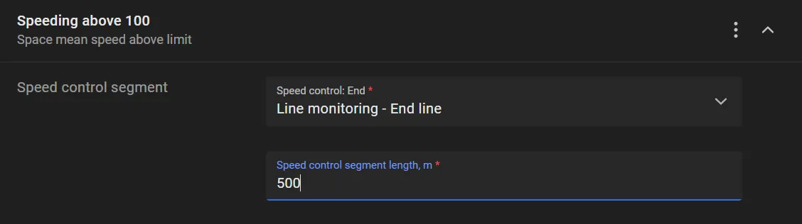 Speed control segment settings for the Speeding above 100 violation showing the End line selected and a segment length of 500 meters