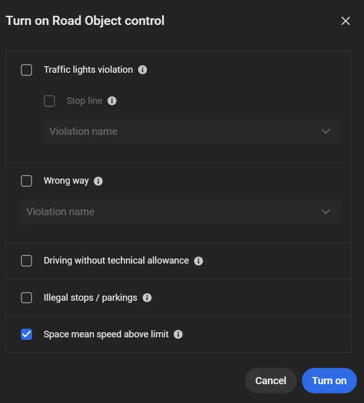 Turn on Road Object control dialog with Space mean speed above limit checked and the Turn on button