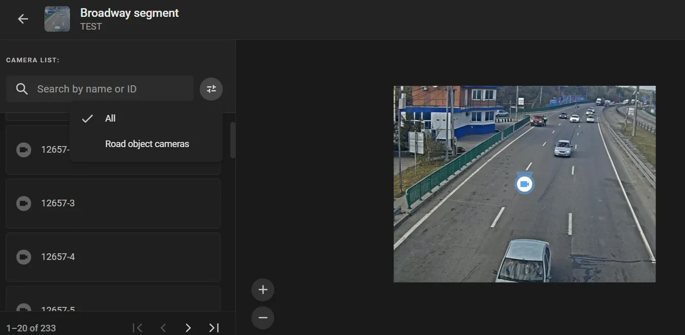 Broadway segment road object page with the camera list and a bound camera shown on the road object diagram