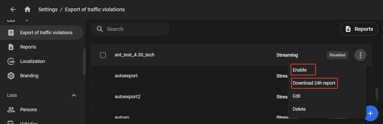 Export of traffic violations settings page listing tasks, with the Enable and Download 24h report options highlighted in the three-dot menu