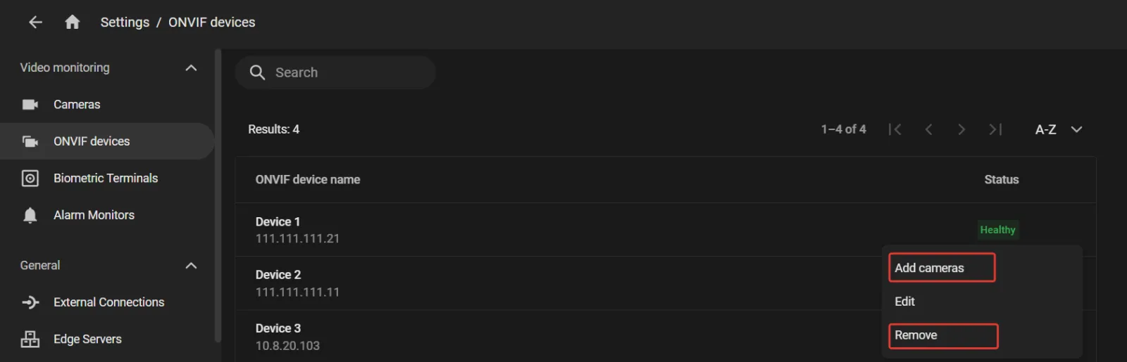 Settings — ONVIF devices list with the options menu open for a device, showing Add cameras, Edit, and Remove commands