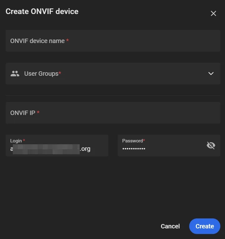 Create ONVIF device window with ONVIF device name, User Groups, ONVIF IP, Login, and Password fields