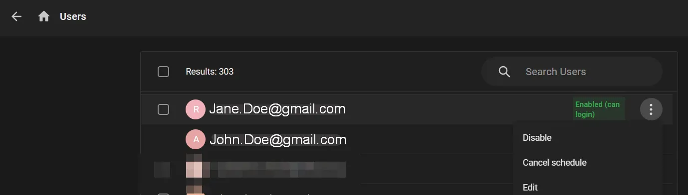 Users list with the options menu open for a user, showing Disable, Cancel schedule, and Edit commands